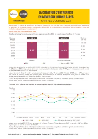 La création d'entreprise en Auvergne-Rhône-Alpes en octobre 2022