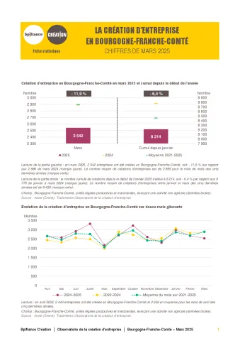La création d'entreprise en Bourgogne-Franche-Comté en mars  2025