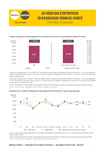 La création d'entreprise en Bourgogne-Franche-Comté en mai 2025