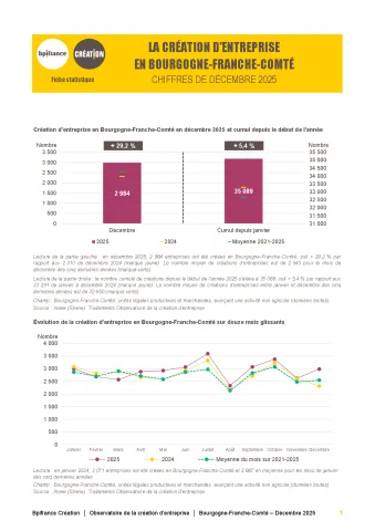 La création d'entreprise en Bourgogne-Franche-Comté en décembre 2025