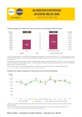 La création d'entreprise en Centre-Val de Loire en mai 2025