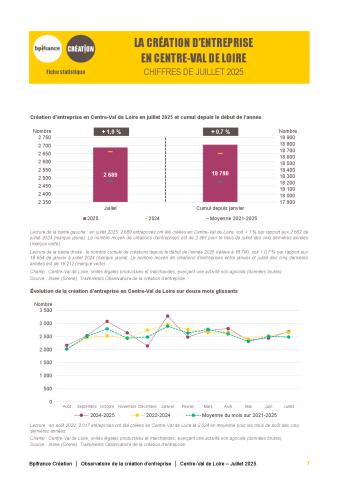 La création d'entreprise en Centre-Val de Loire en juillet 2025