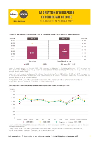 La création d'entreprise en Centre-Val de Loire en novembre 2025