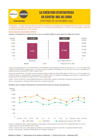 La création d'entreprise en Centre-Val de Loire en novembre 2022