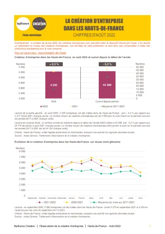 La création d'entreprise dans les Hauts-de-France en août 2022
