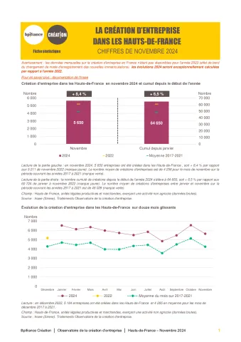 La création d'entreprise dans les Hauts-de-France  en novembre 2024