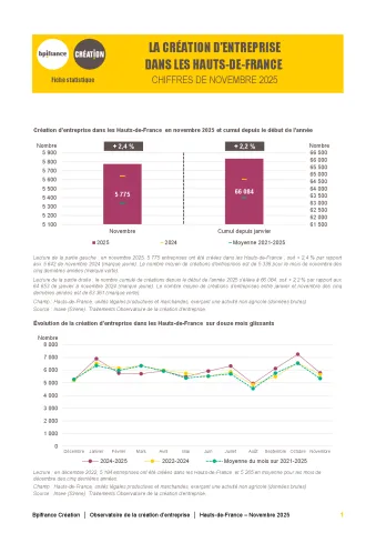 La création d'entreprise dans les Hauts-de-France  en novembre 2025