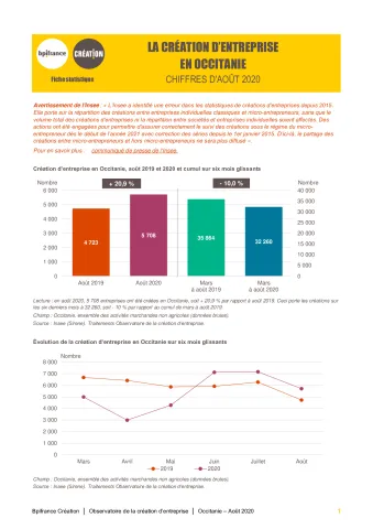 La création d'entreprise en Occitanie en août 2020