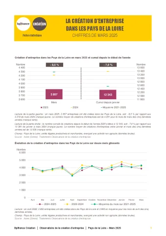 La création d'entreprise dans les Pays de la Loire en mars  2025