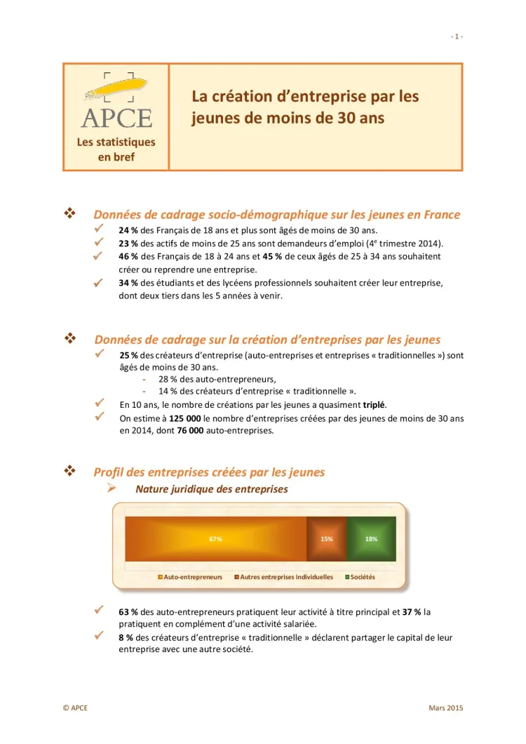 APCE : La création d'entreprise par les jeunes de moins de 30 ans (2015 - Synthèse)
