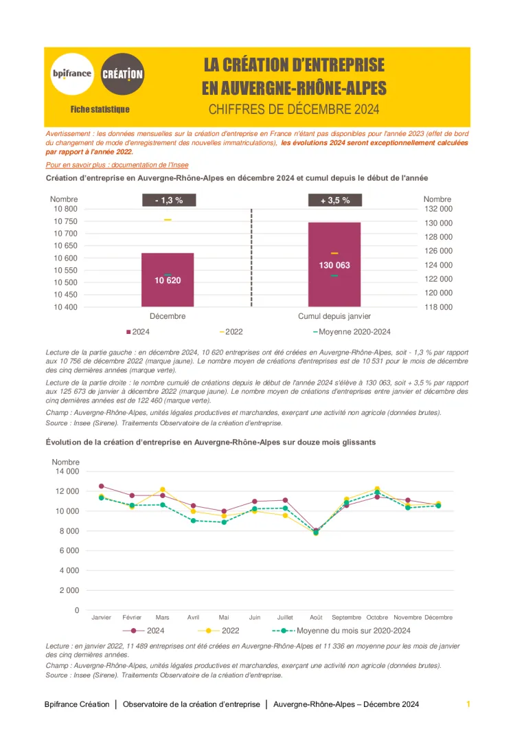 La création d'entreprise en Auvergne-Rhône-Alpes en décembre 2024