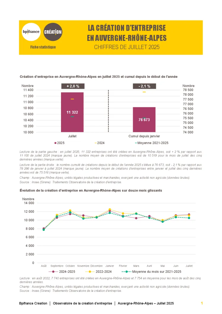 La création d'entreprise en Auvergne-Rhône-Alpes en juillet 2025