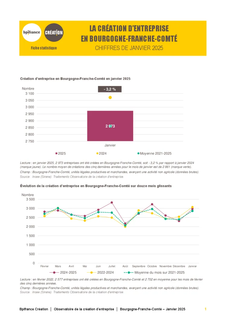 La création d'entreprise en Bourgogne-Franche-Comté en janvier 2025
