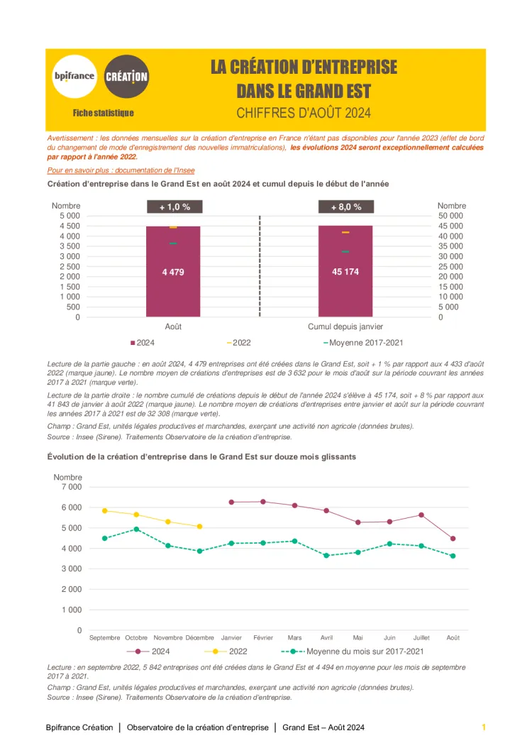 La création d'entreprise dans le Grand Est en août 2024