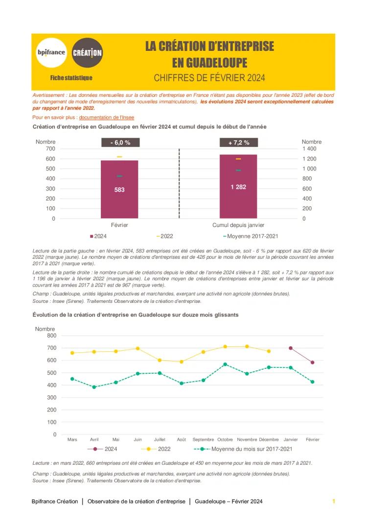 La création d'entreprise en Guadeloupe en février 2024