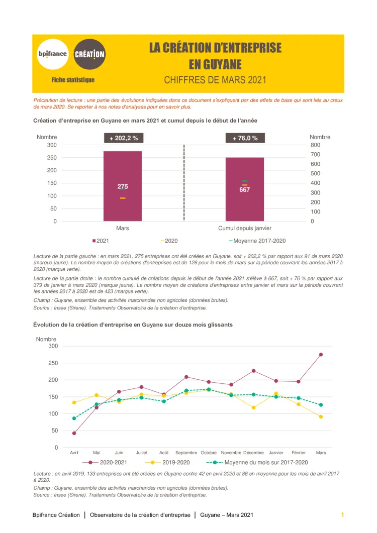 La création d'entreprise en Guyane en mars 2021