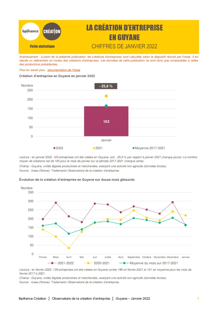 La création d'entreprise en Guyane en janvier 2022