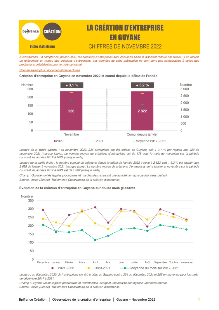 La création d'entreprise en Guyane en novembre 2022
