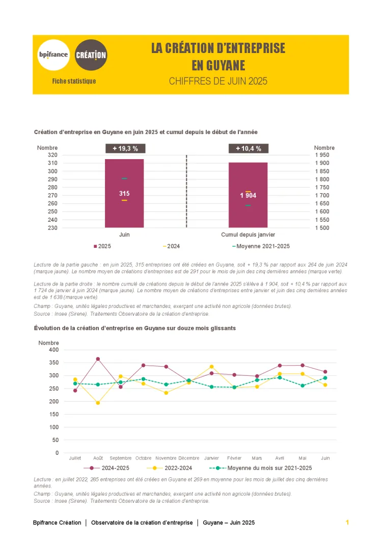 La création d'entreprise en Guyane en juin 2025