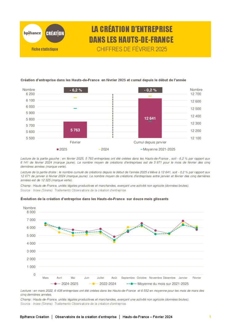 La création d'entreprise dans les Hauts-de-France  en février 2025