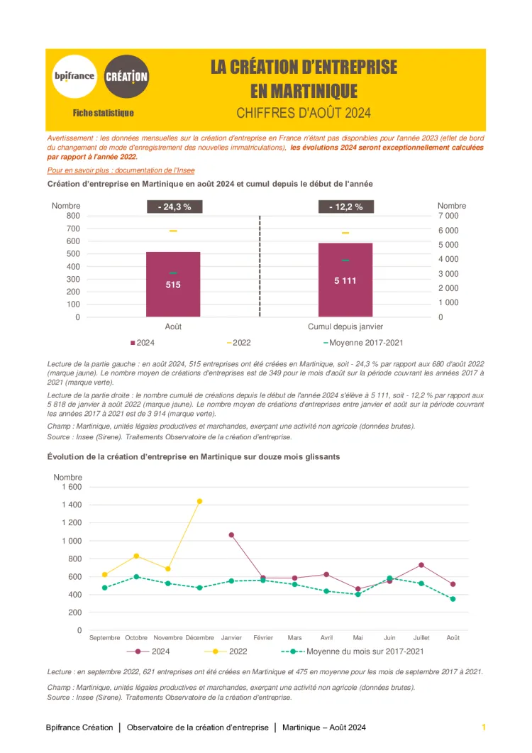 La création d'entreprise en Martinique en août 2024