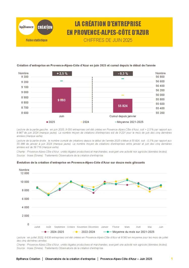 La création d'entreprise en Provence-Alpes-Côte d'Azur en juin 2025