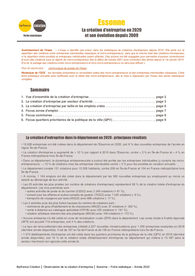 La création d'entreprise en Essonne en 2020