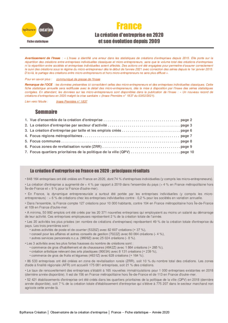 La création d'entreprise en France en 2020