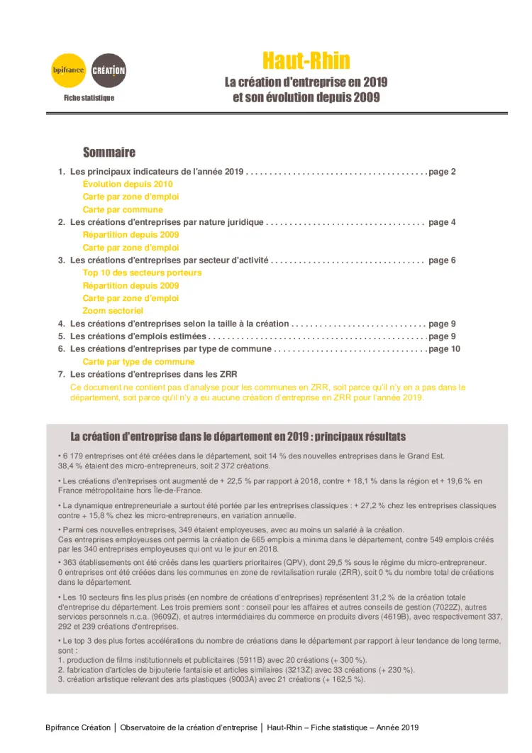 La création d'entreprise dans le Haut-Rhin en 2019