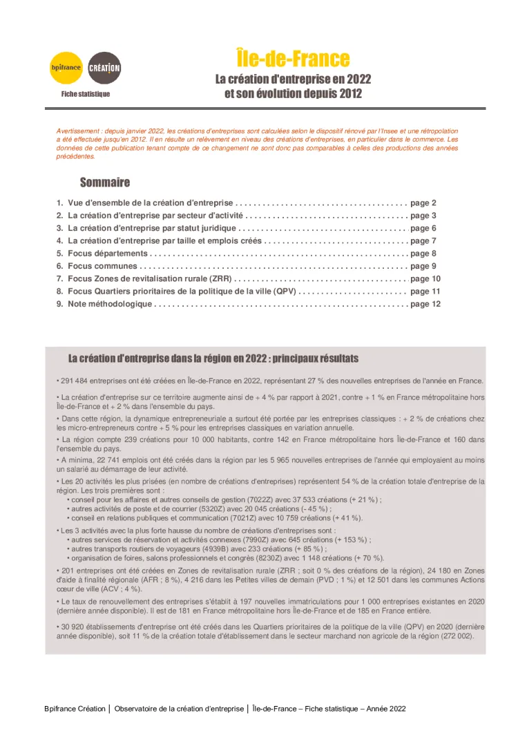 La création d'entreprise en Île-de-France en 2022