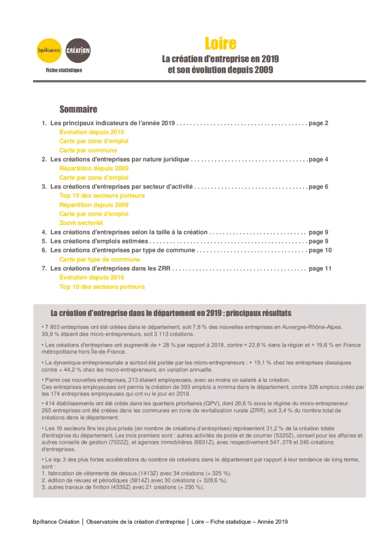 La création d'entreprise dans la Loire en 2019