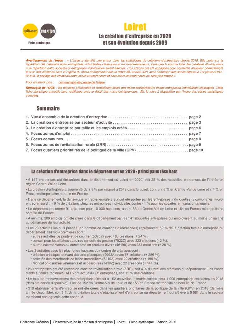 La création d'entreprise dans le Loiret en 2020