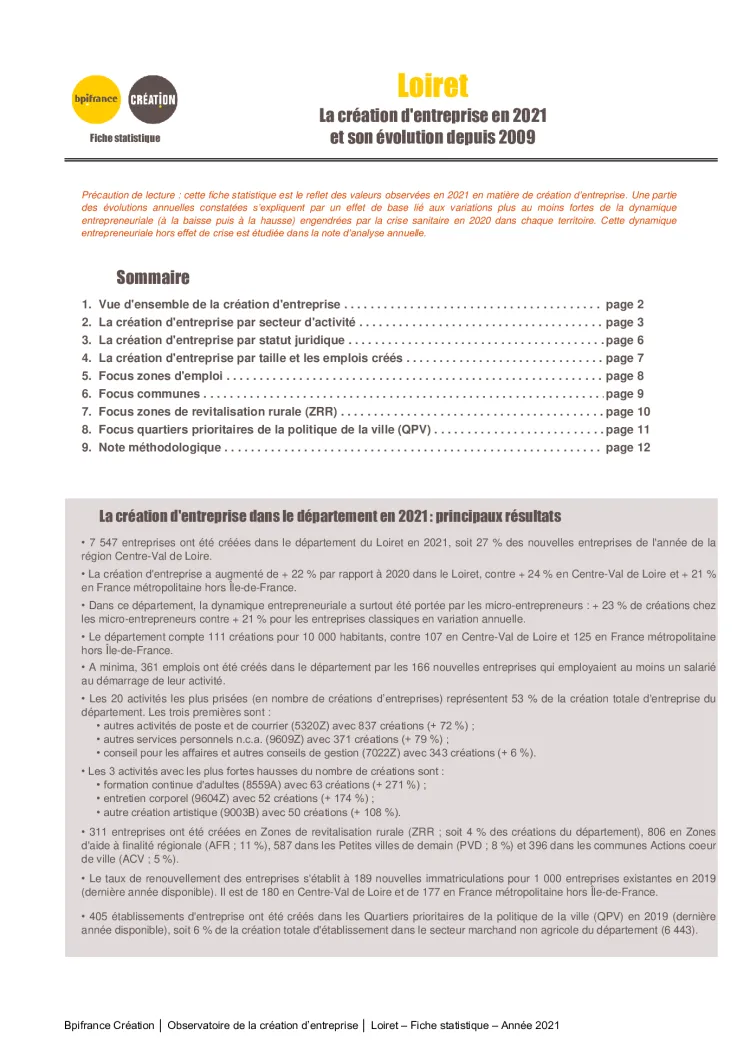 La création d'entreprise dans le Loiret en 2021