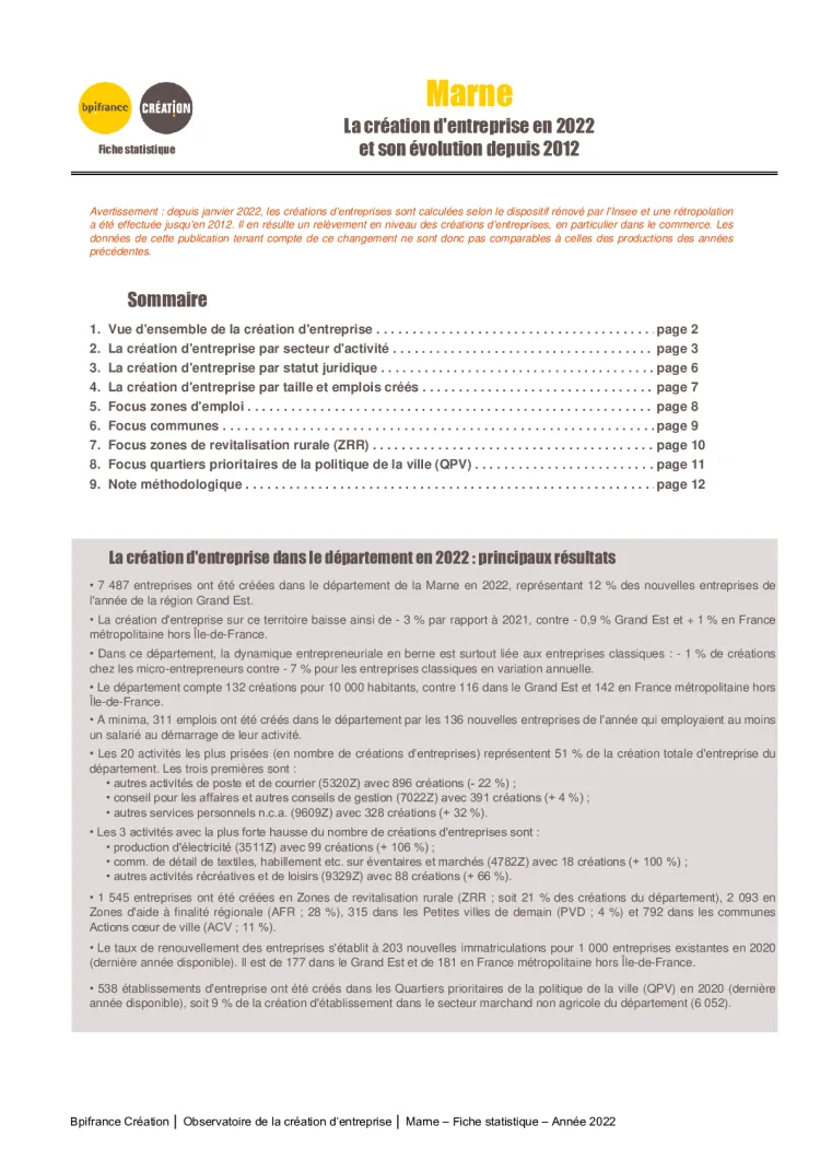 La création d&#039;entreprise dans la Marne en 2022