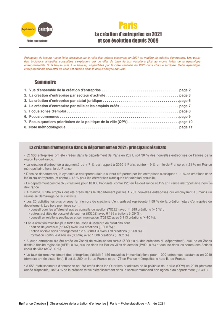 La création d'entreprise à Paris en 2021