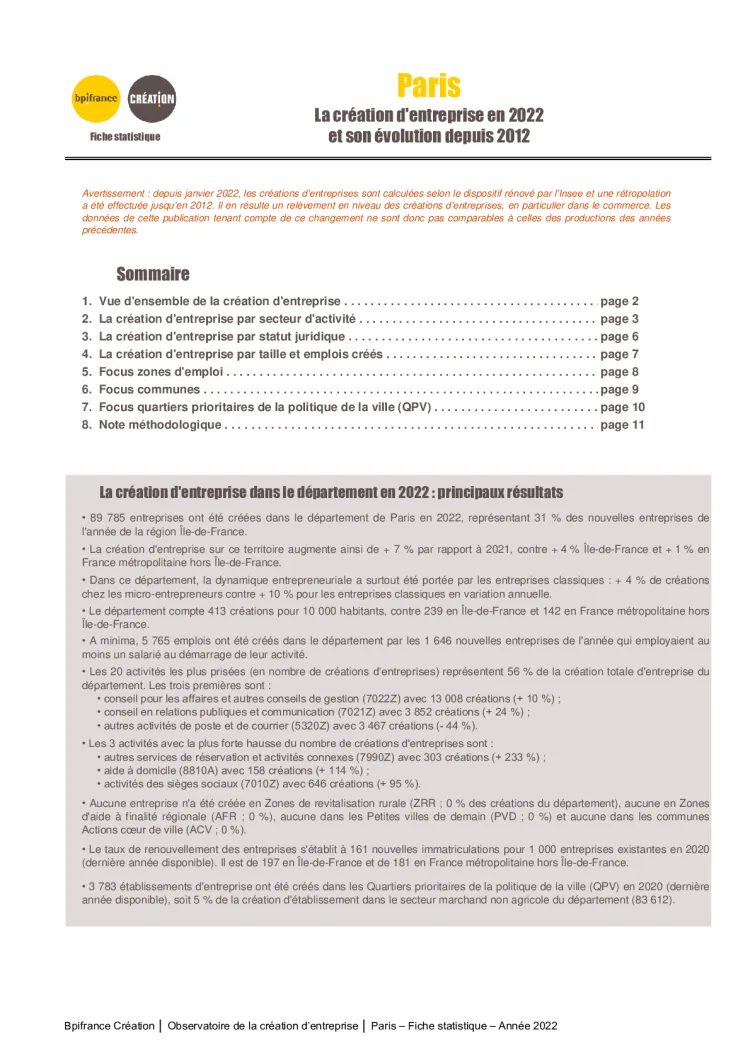 La création d'entreprise à Paris en 2022