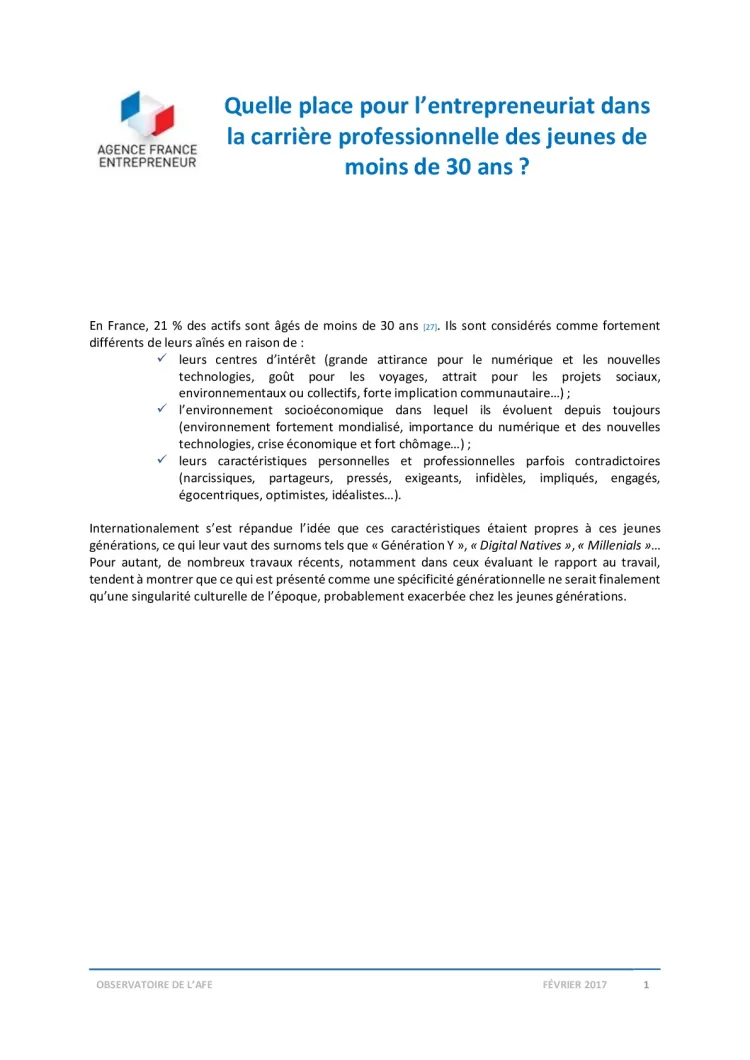 Quelle place pour l'entrepreneuriat dans la carrière professionnelle des jeunes de moins de 30 ans ? (2017 - Analyse)