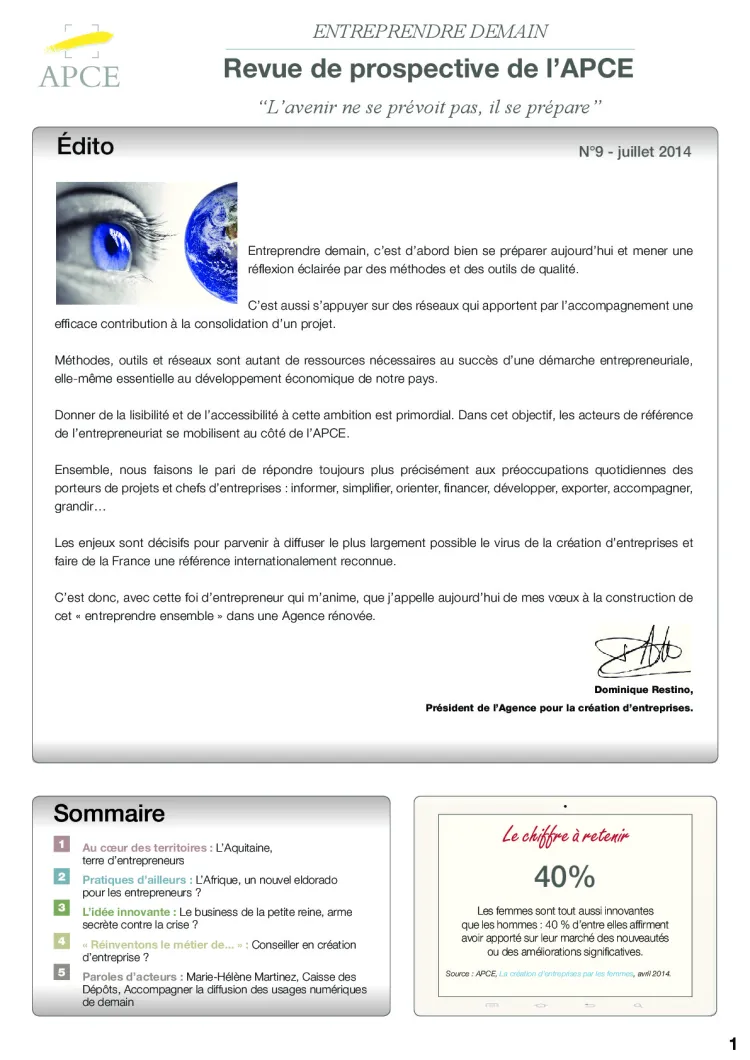 APCE : Entreprendre demain N°9 (2014 - Revue)