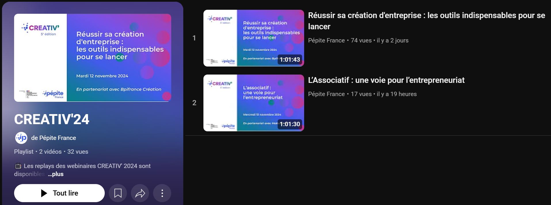 Chaîne YouTube CREATIV'24 de Pépite